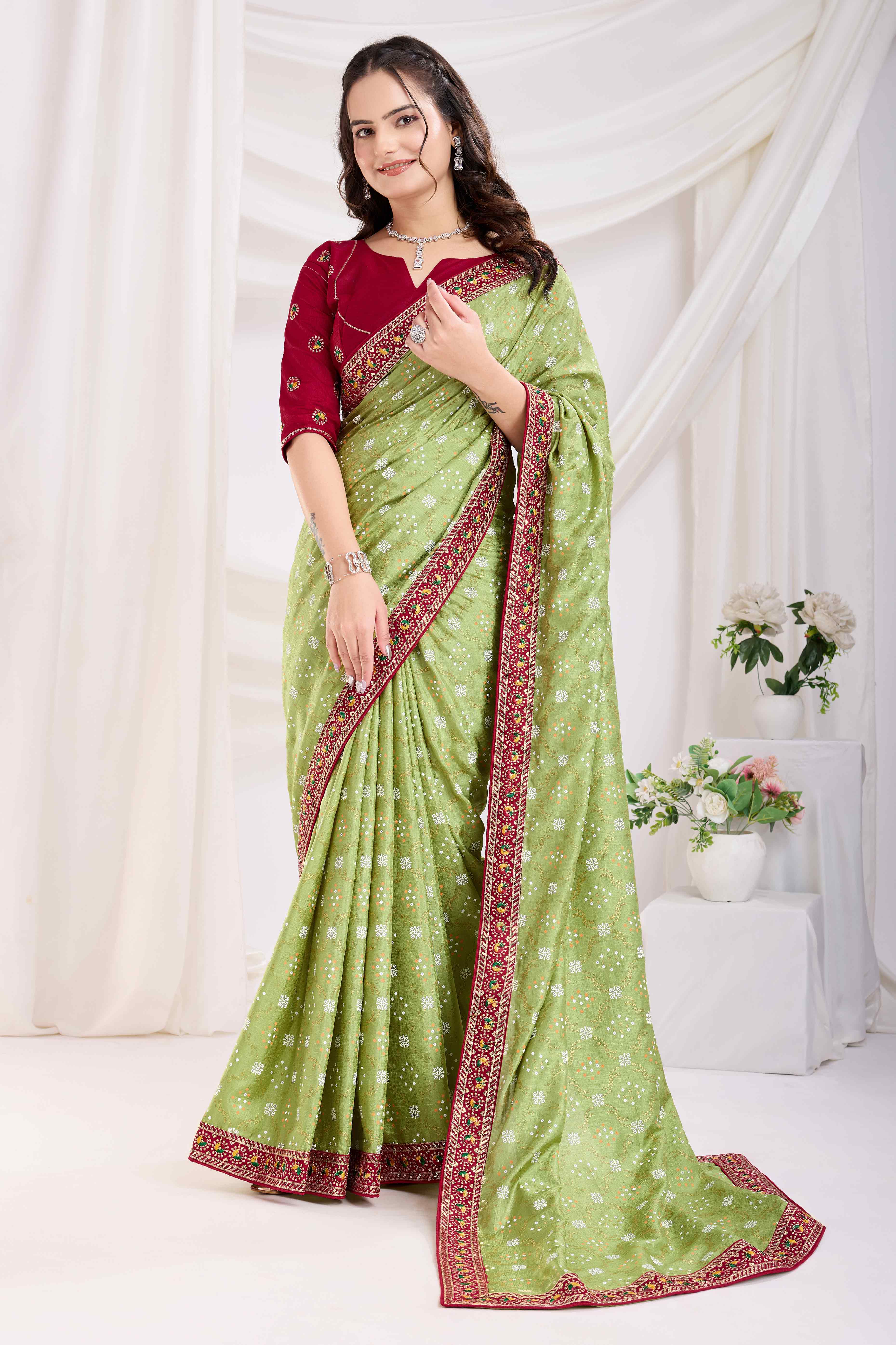Green Bandhani Printed Vichitra Silk Saree With Embroidery Border