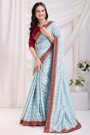 Light Blue Bandhani Printed Vichitra Silk Saree With Embroidery Border