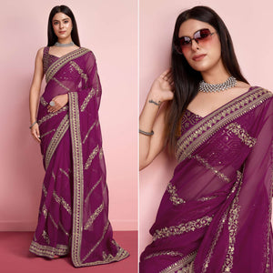 Purple Floral Sequins Embroidered Organza Saree