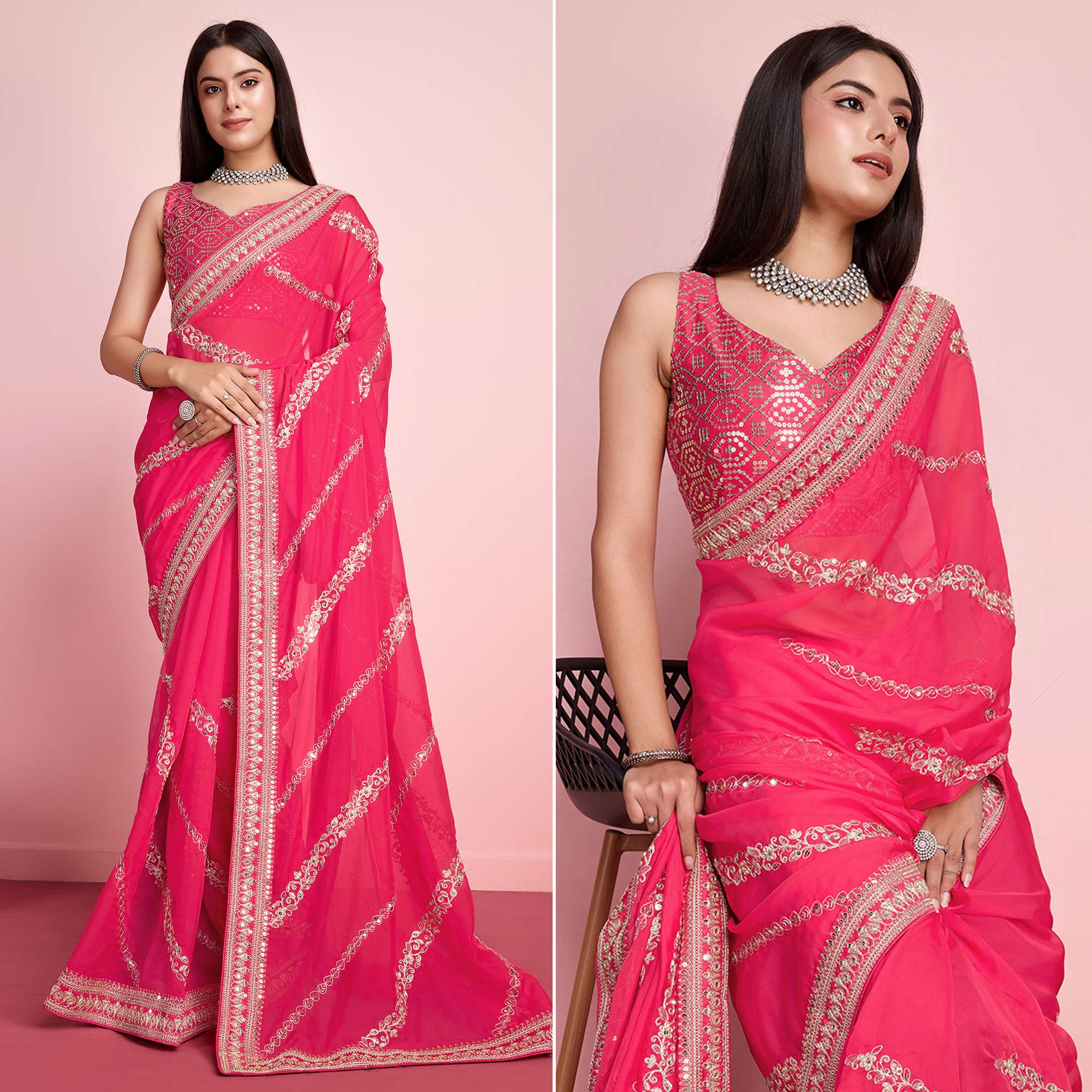 Pink Floral Sequins Embroidered Organza Saree