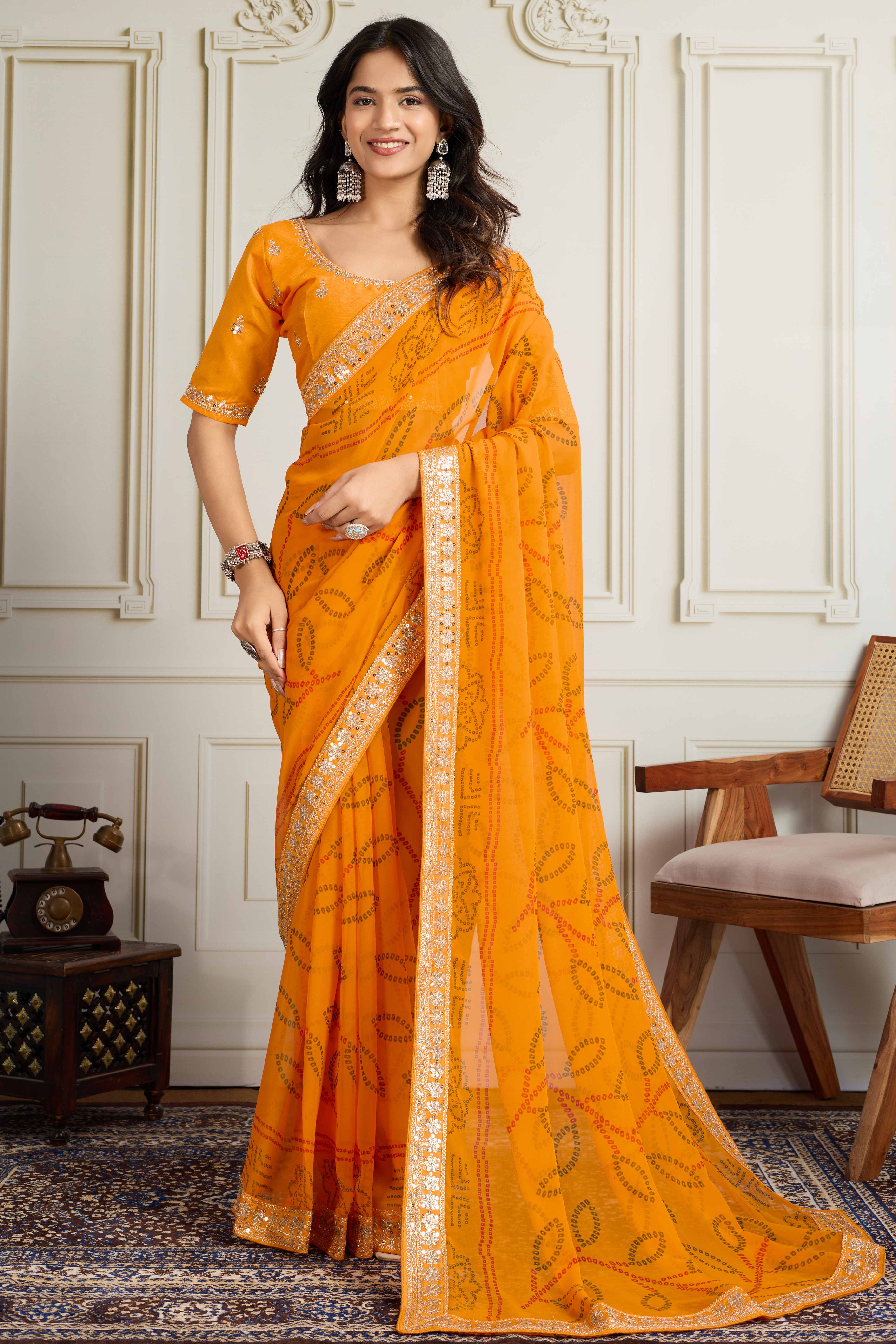 Mustard Bandhani Digital Printed Georgette Saree Enhanced With Cording Embroidered Border