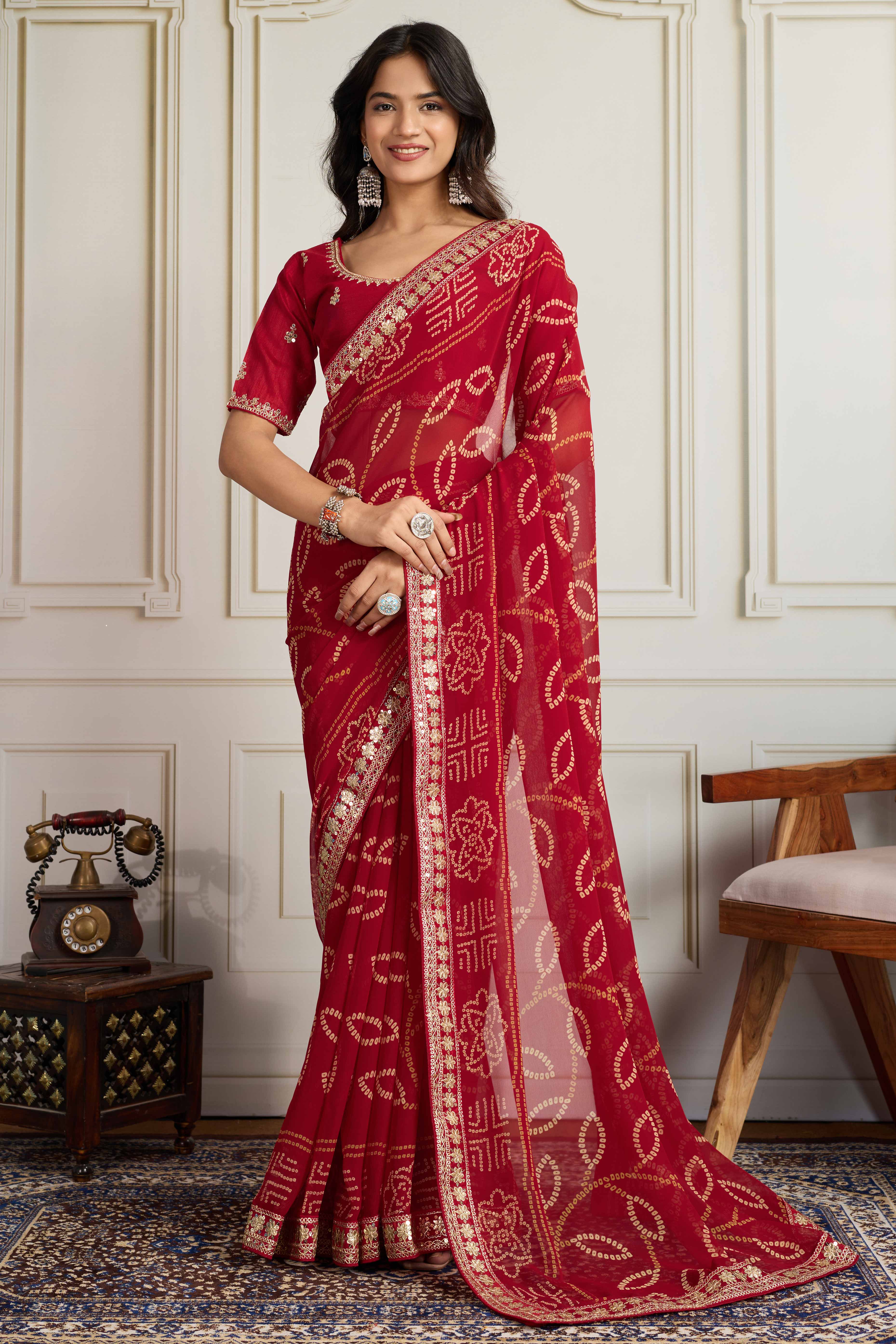 Red Bandhani Digital Printed Georgette Saree Enhanced With Cording Embroidered Border