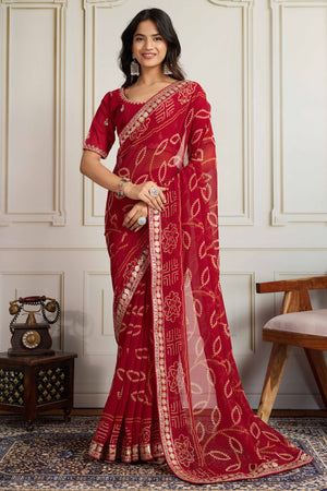 Red Bandhani Digital Printed Georgette Saree Enhanced With Cording Embroidered Border