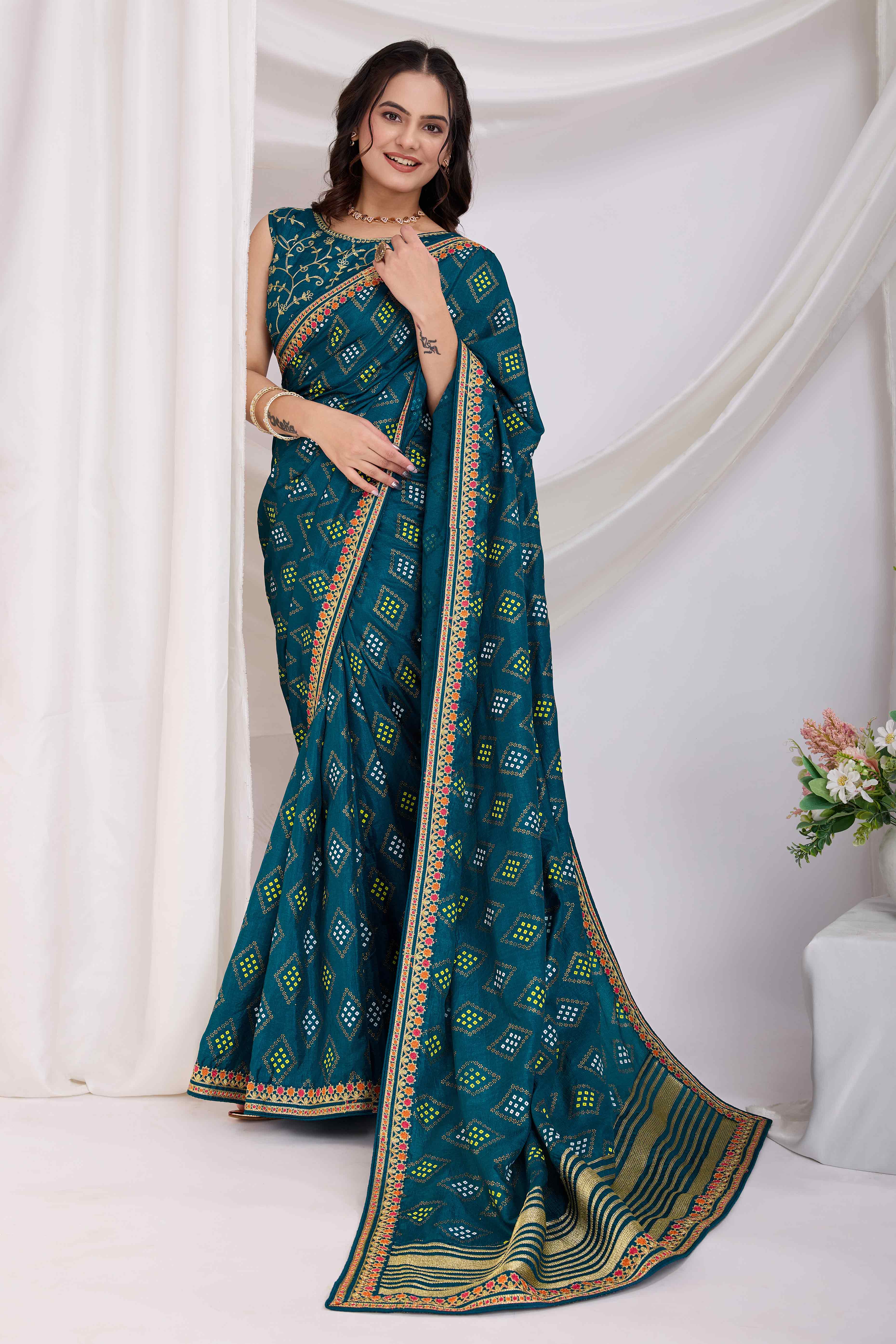 Teal Bandhani Printed Vichitra Silk Saree With Embroidery Border