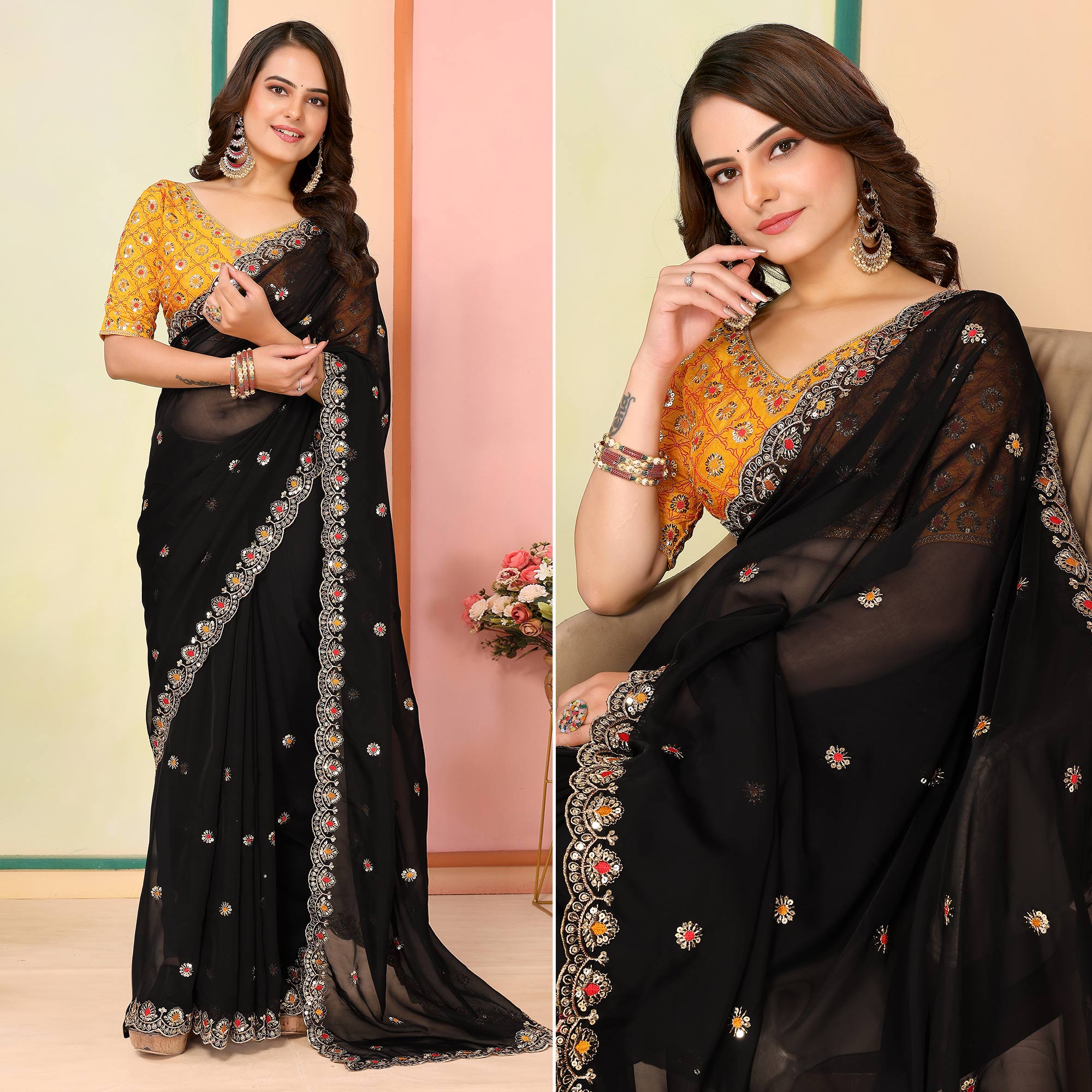 Black Sequins Embroidered Embroidered Organza Saree