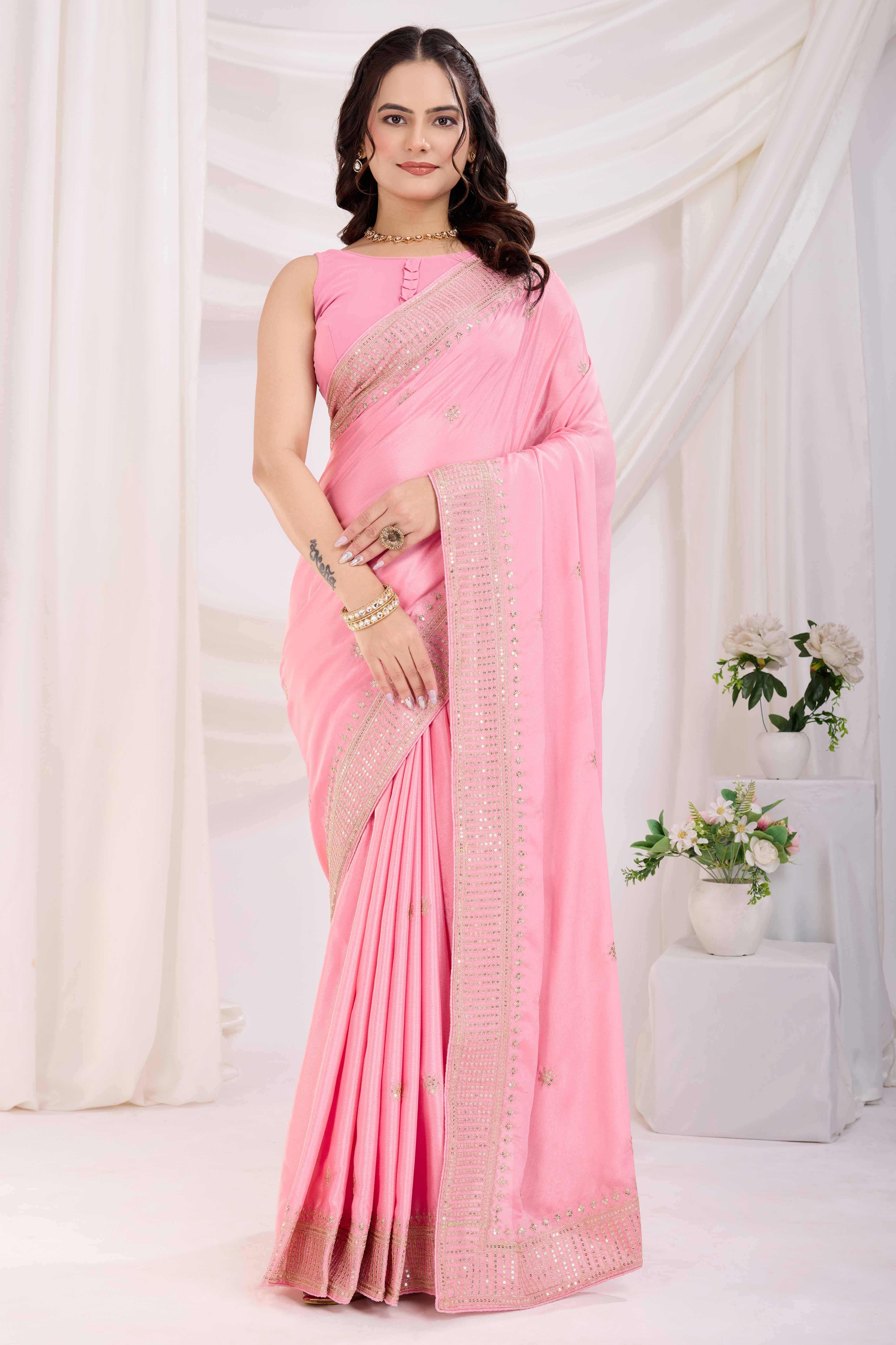 Pink Saree In Chinon Silk Featuring Delicate Floral Embroidery & Sparkling Sequins