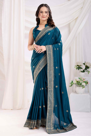 Teal Saree In Chinon Silk Featuring Delicate Floral Embroidery & Sparkling Sequins