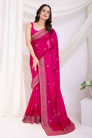 Rani Pink Saree In Chinon Silk Featuring Delicate Floral Embroidery & Sparkling Sequins