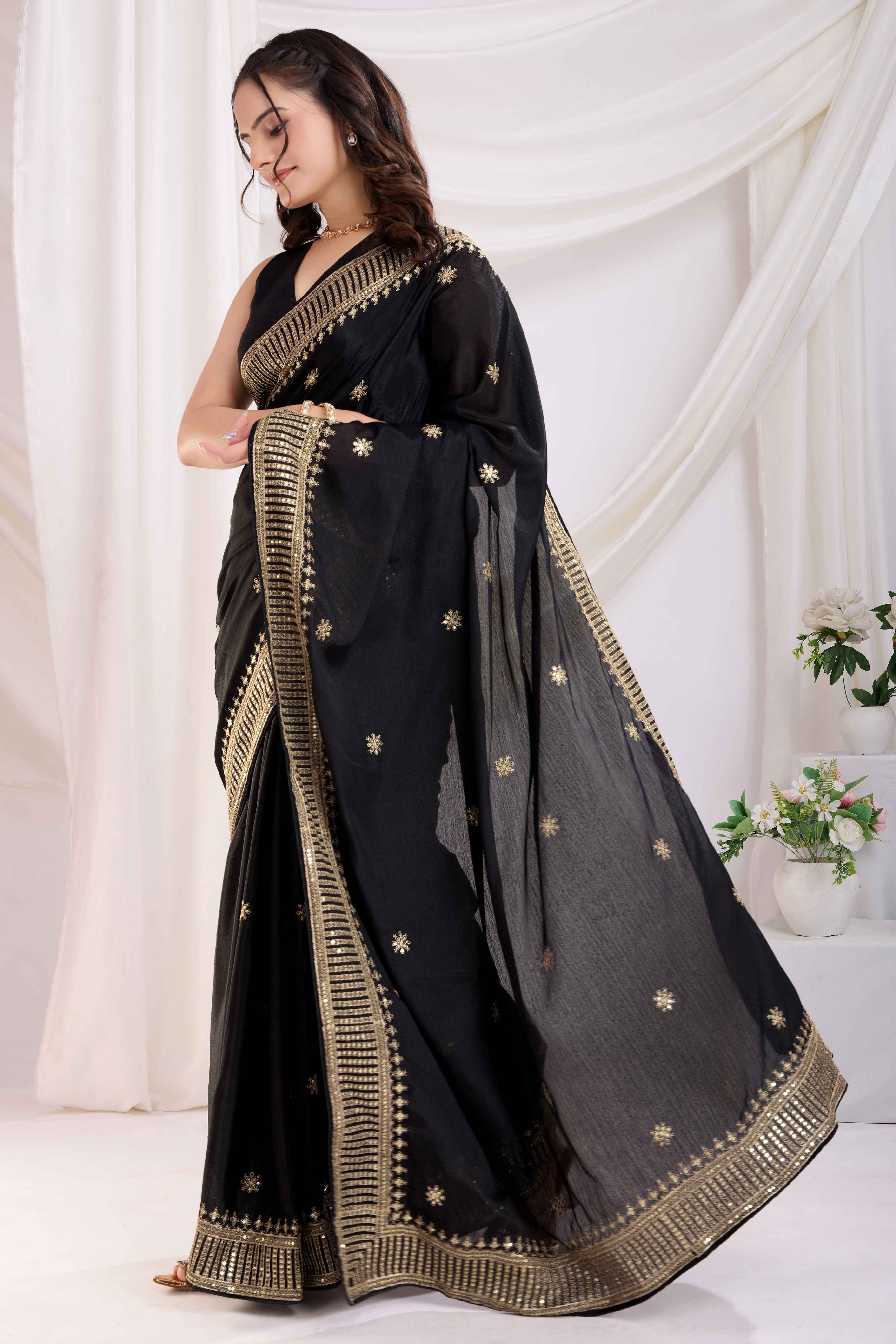 Black Saree In Chinon Silk Featuring Delicate Floral Embroidery & Sparkling Sequins