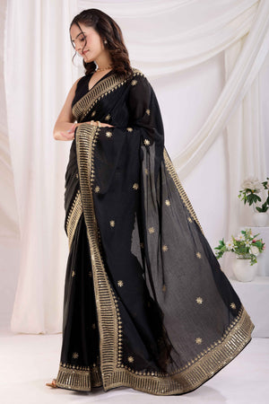 Black Saree In Chinon Silk Featuring Delicate Floral Embroidery & Sparkling Sequins