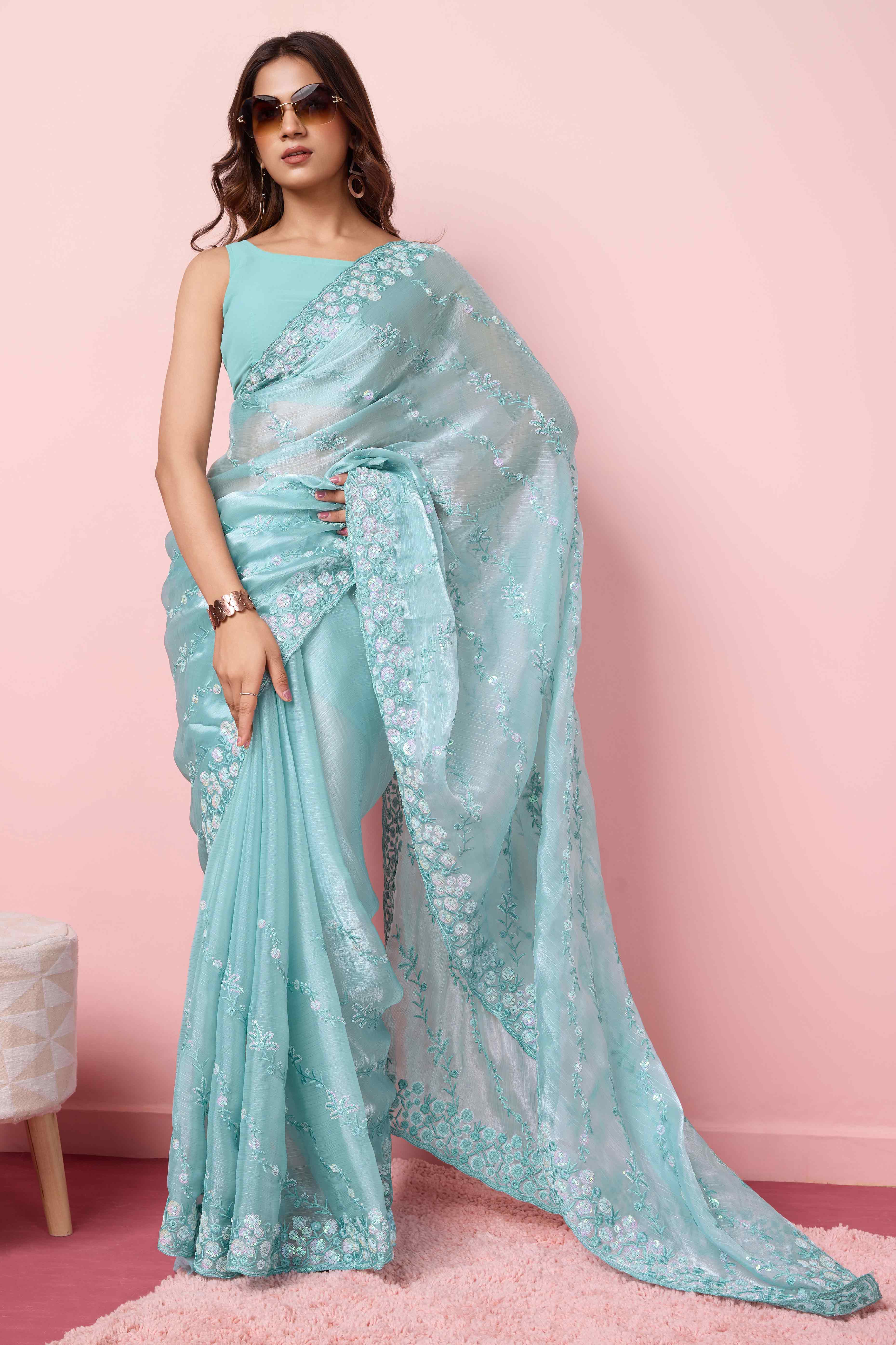 Blue Floral Sequins Embroidered Burberry Silk Saree