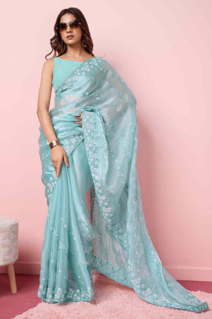 Blue Floral Sequins Embroidered Burberry Silk Saree