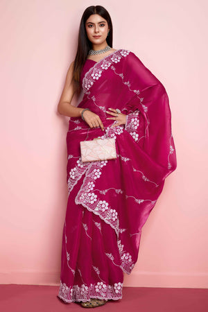 Rani Pink Floral Sequins Embroidered Jimmy Choo Tissue Saree
