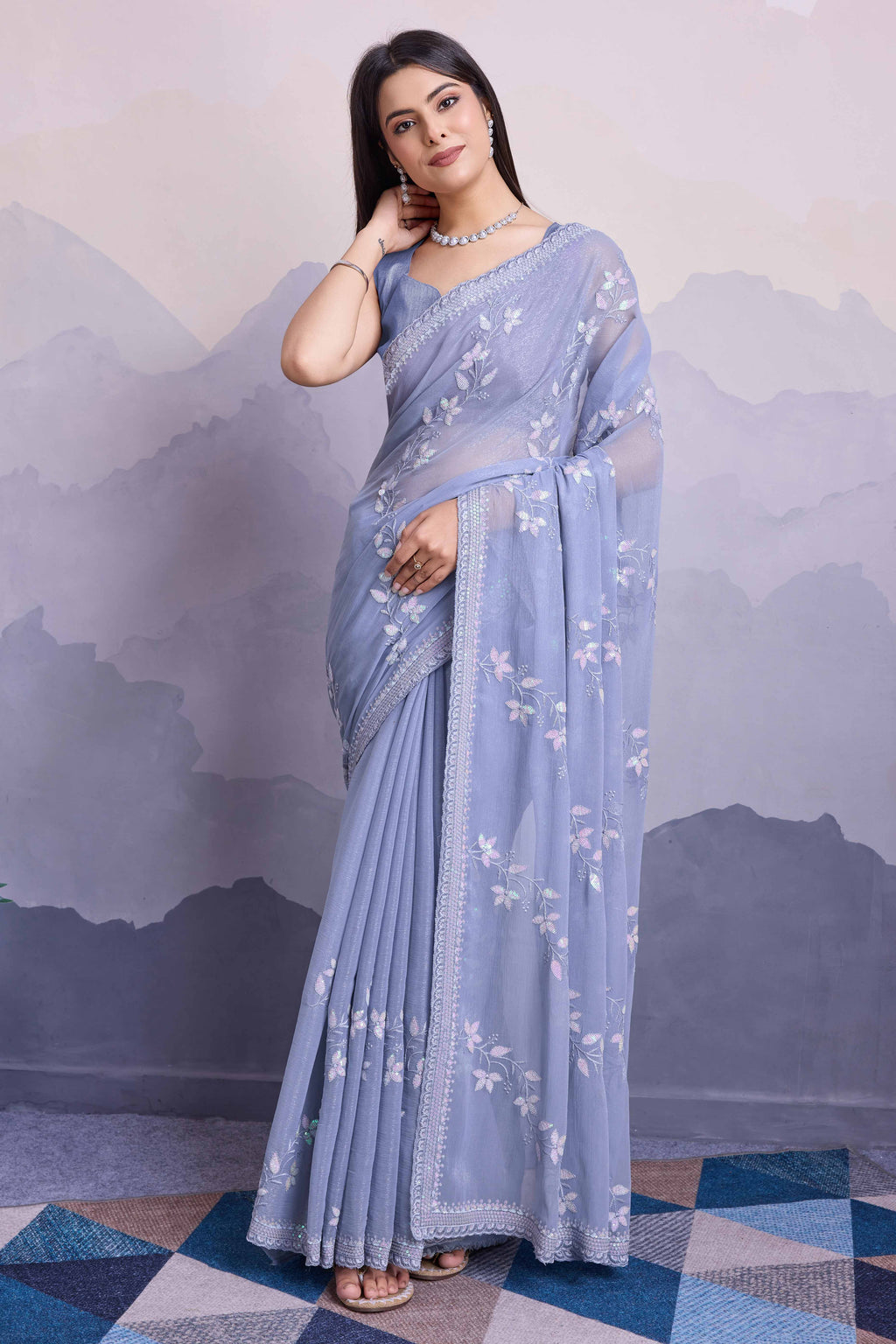 Velvet Chiffon Saree with Sequins Embroidery and Leheriya Flow for Women main image 1