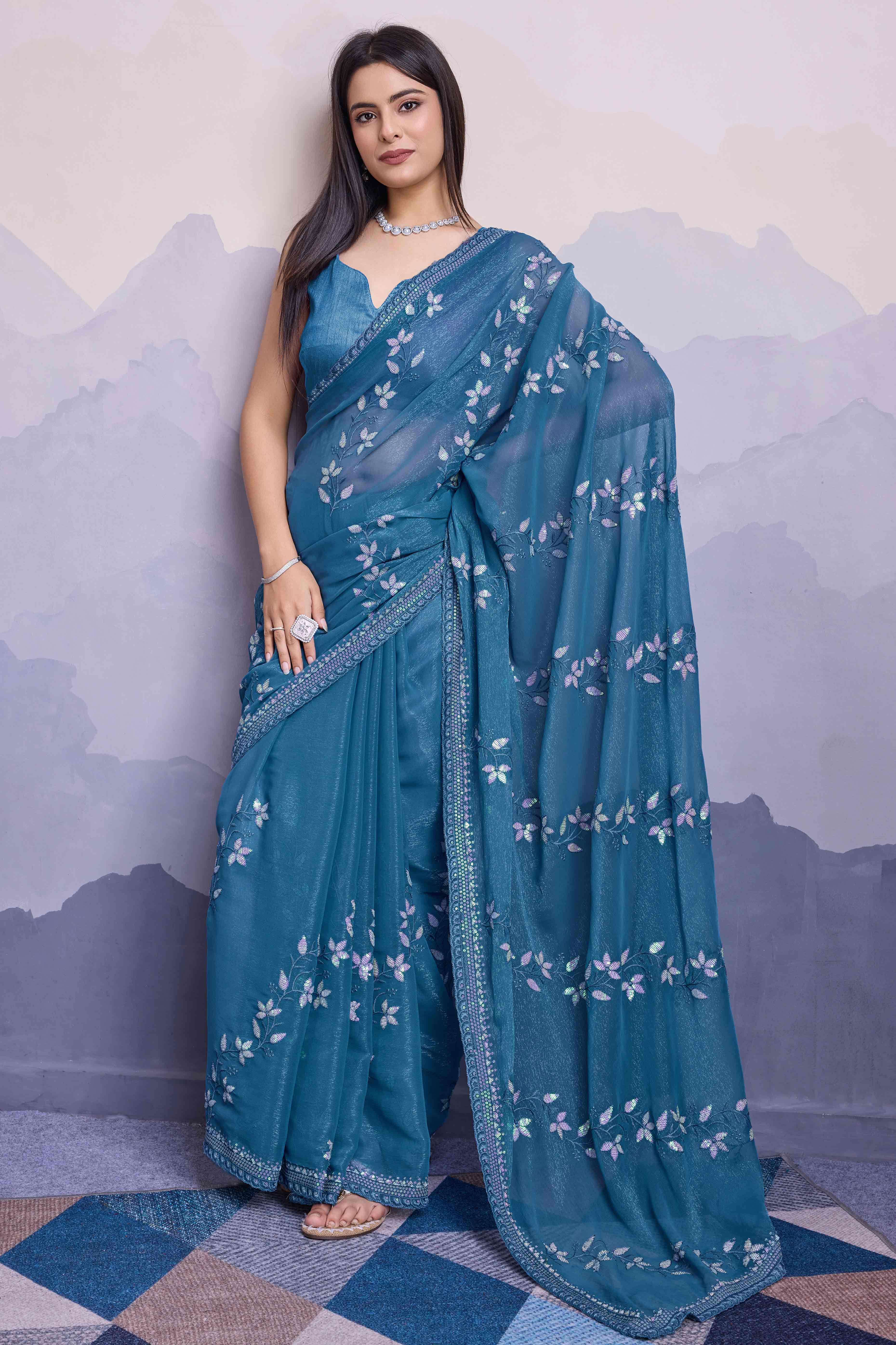 Blue Floral Sequins Embroidered Chiffon Saree