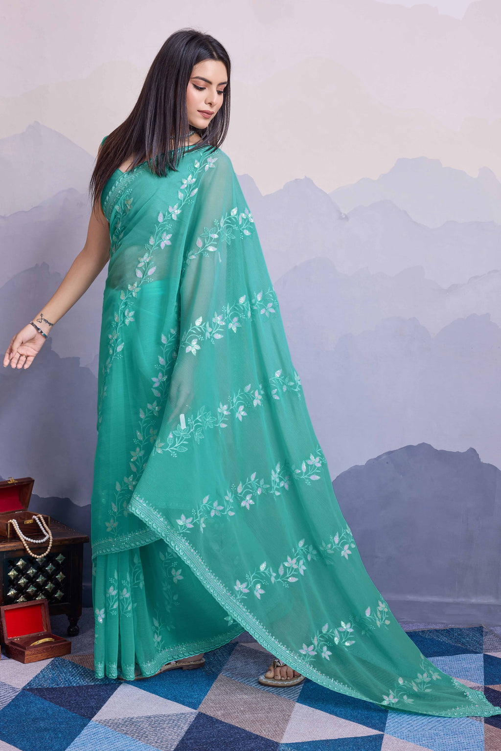 Rama Green Embroidered Stitched Lehenga Saree with Blouse Piece