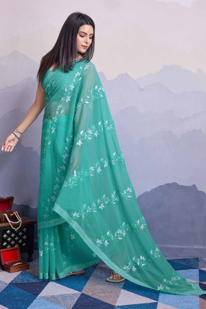 Rama Green Floral Sequins Embroidered Chiffon Saree