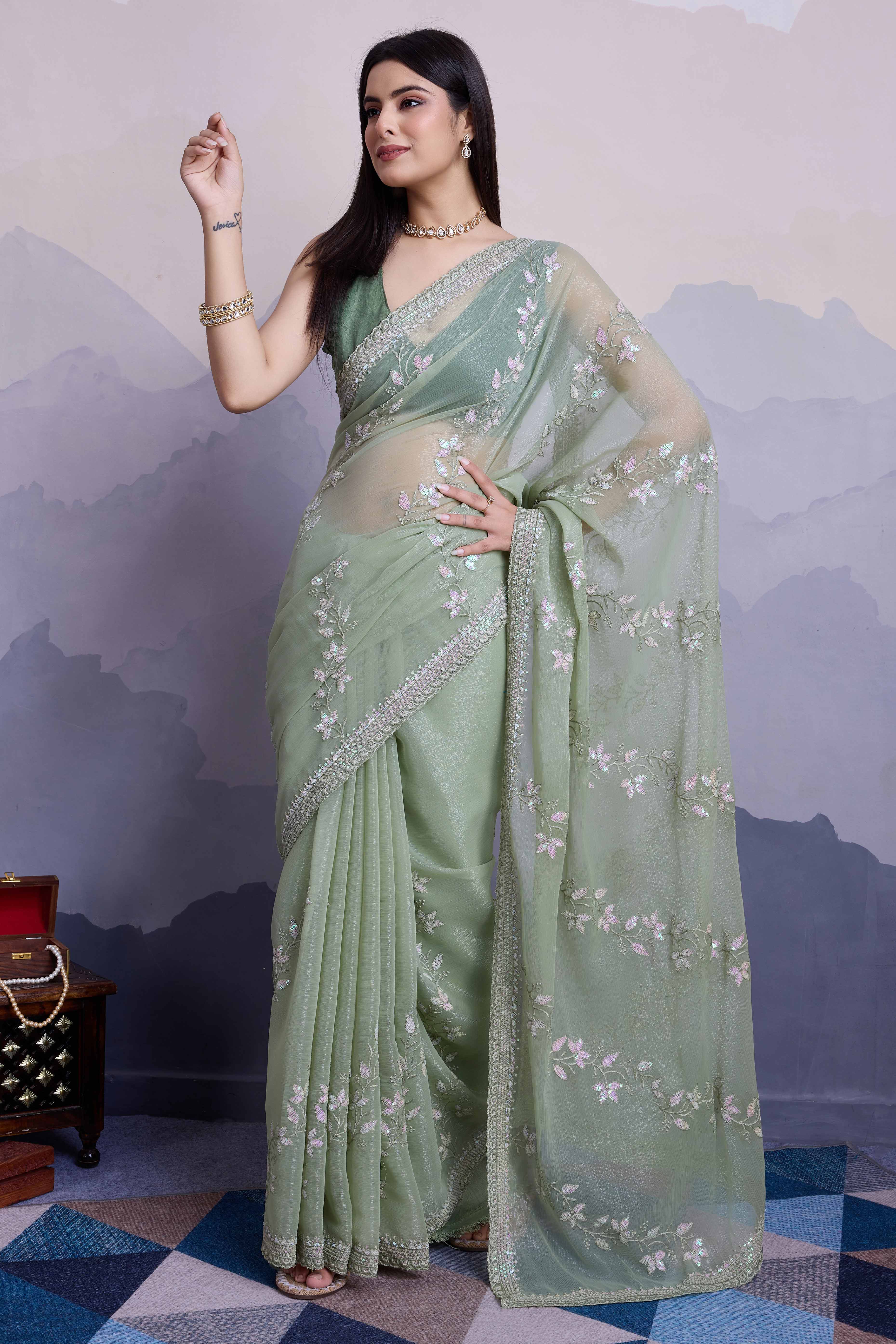 Green Floral Sequins Embroidered Chiffon Saree