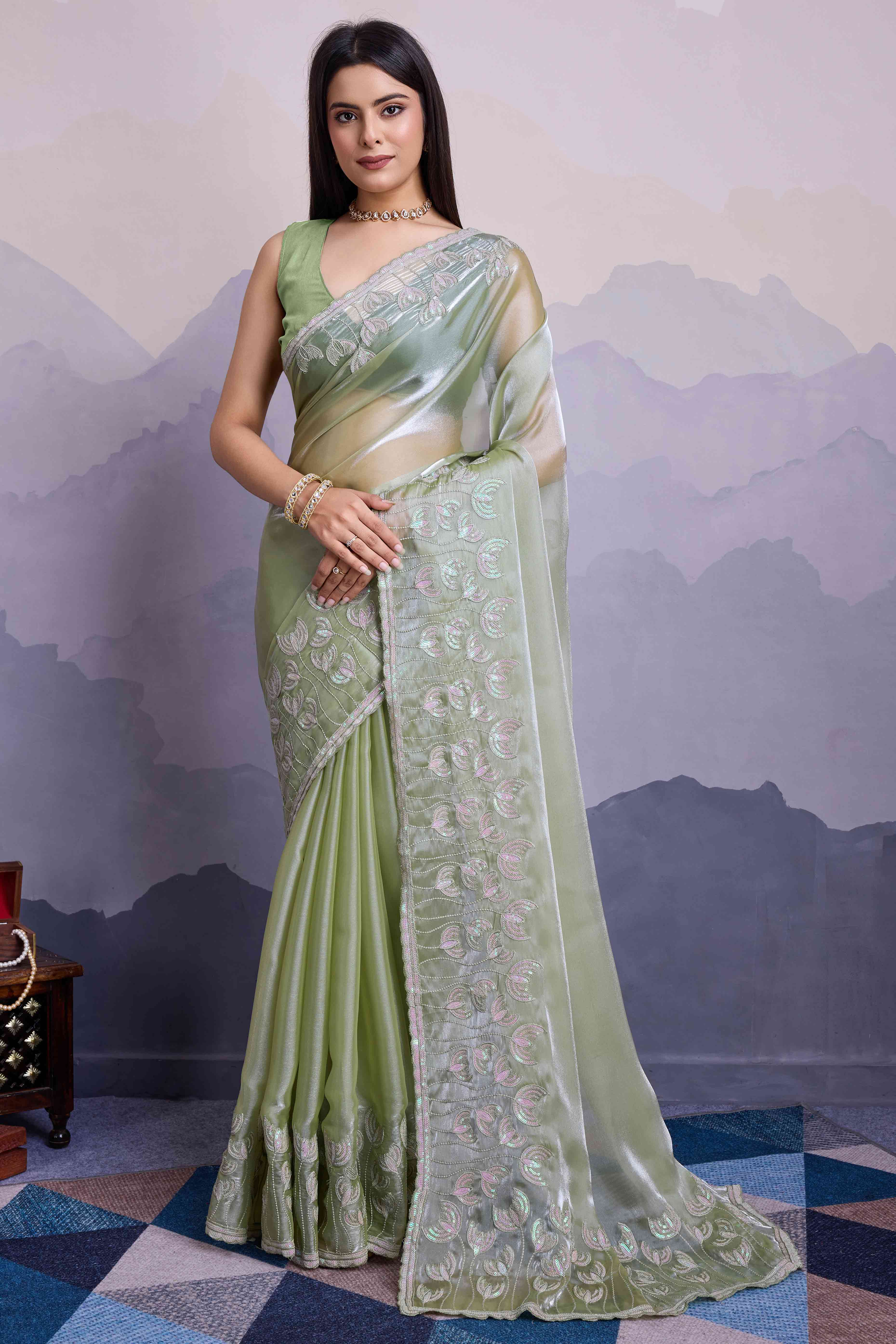 Green Floral Sequins Embroidered Jimmi Choo Zoya Silk Saree