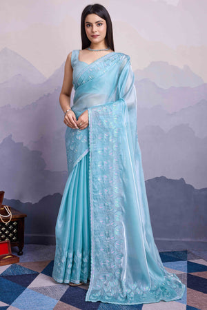 Blue Floral Sequins Embroidered Jimmi Choo Zoya Silk Saree