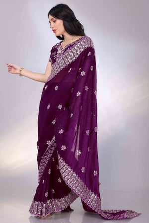 Wine Crunchy Organza Silk Saree Adorned With Intricate Floral Sequins Embroidery