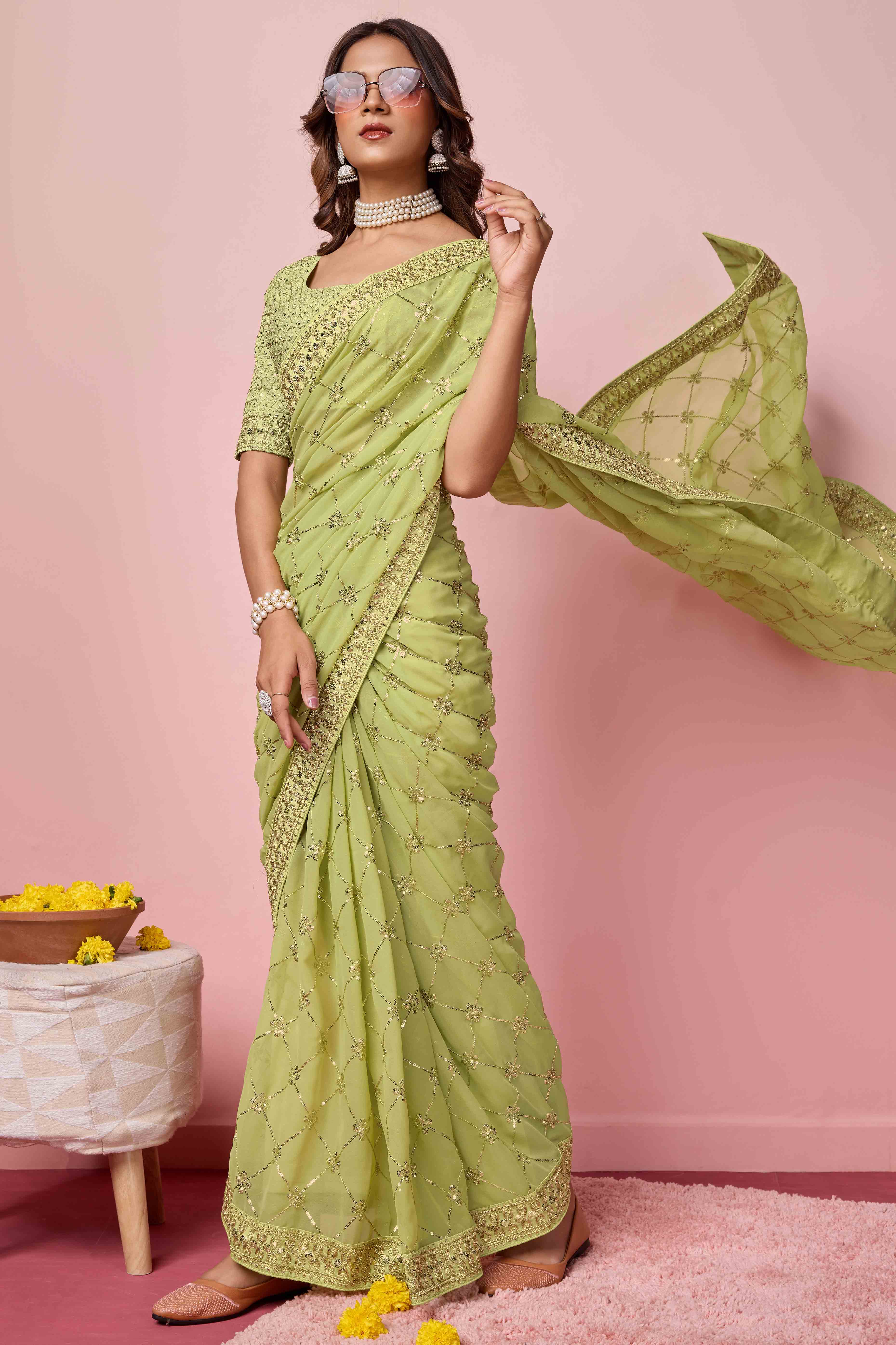 Green Sequins Embroidered Georgette Saree