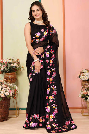 Black Floral Embroidered Organza Saree