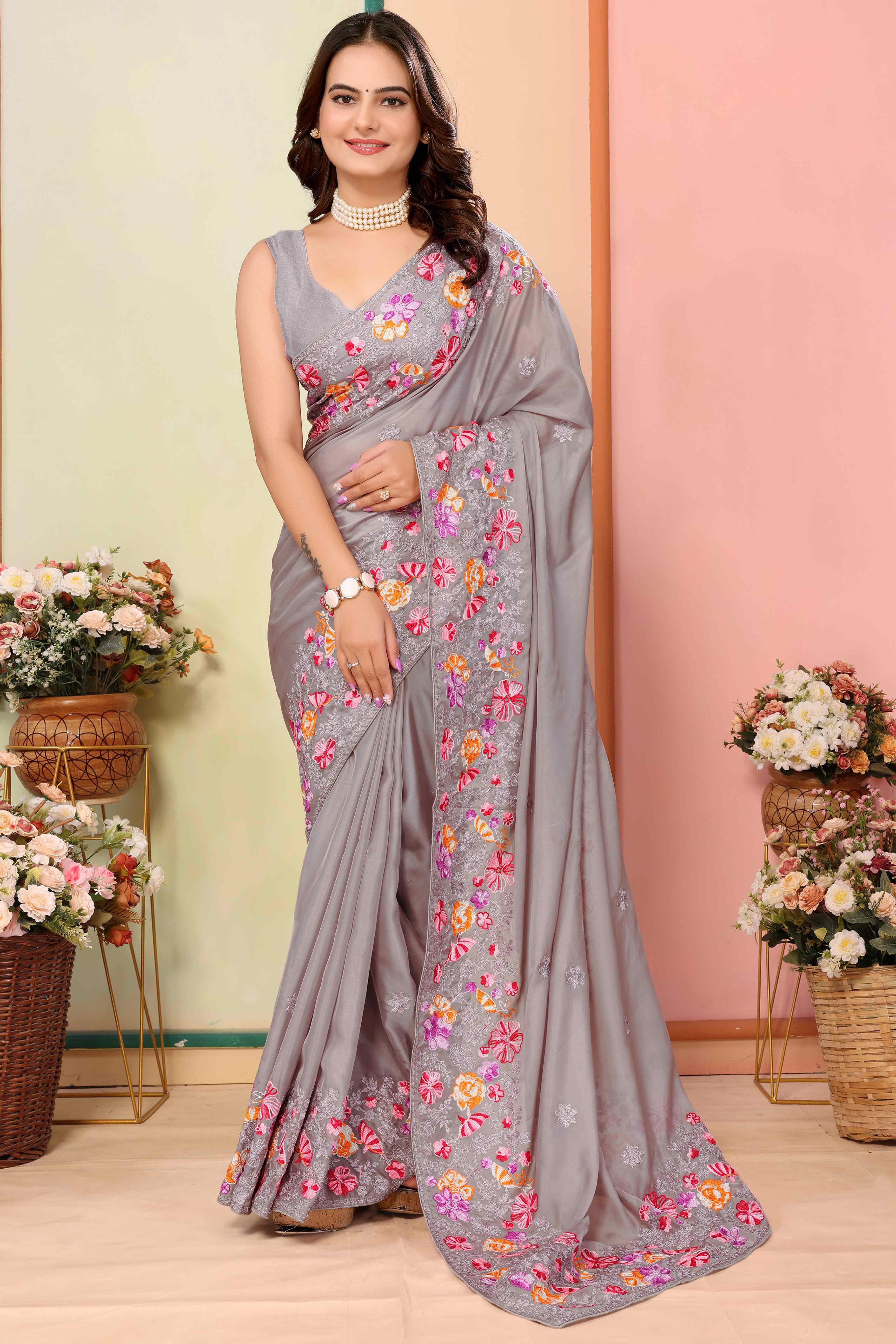 Grey Floral Embroidered Organza Saree