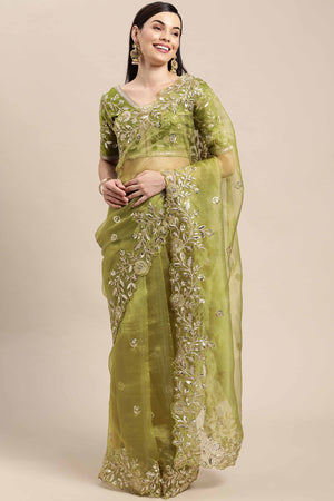 Organza Partywear Saree in Mehendi Green with Floral Embroidery