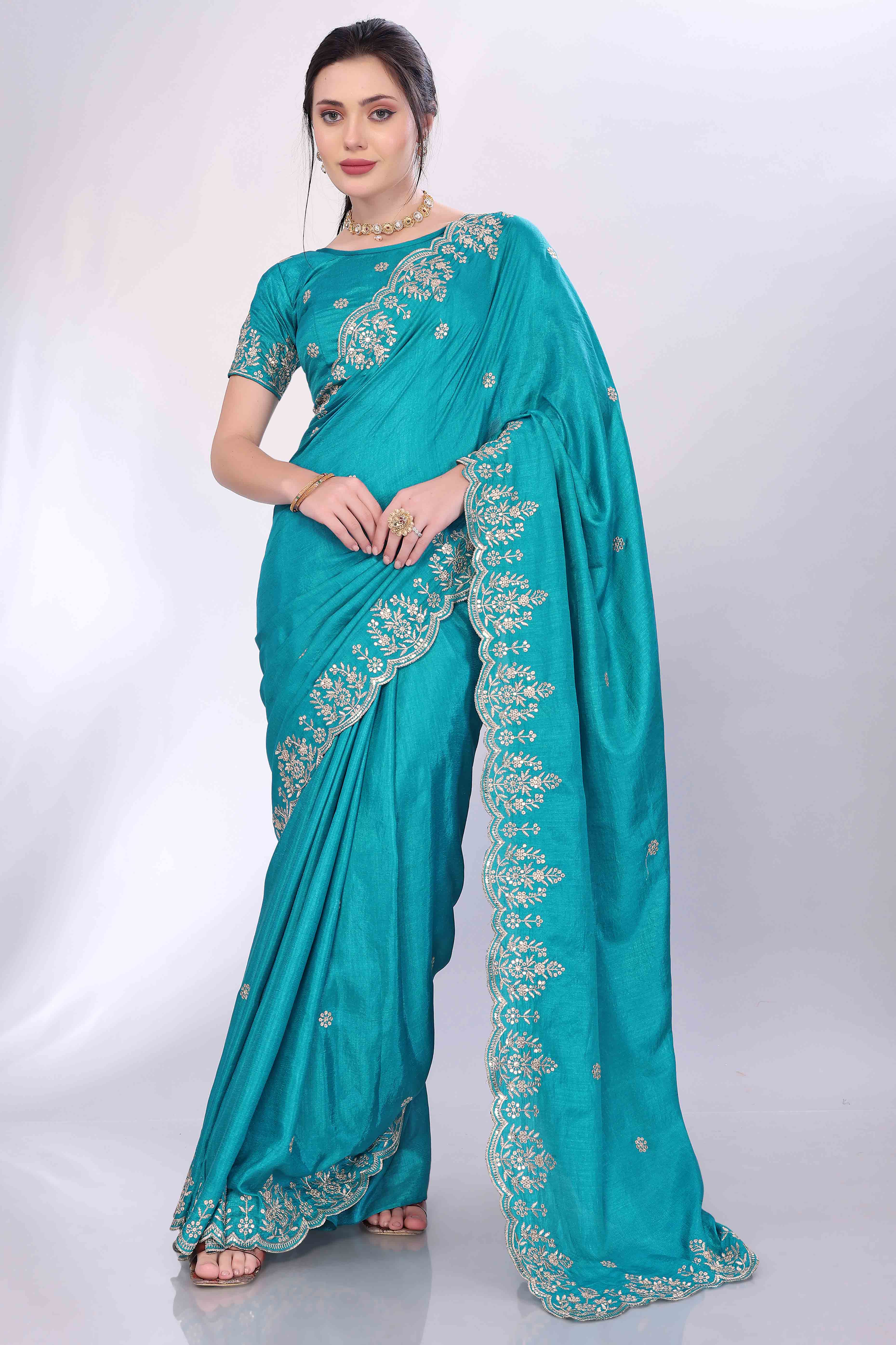 Turquoise Zari Embroidered Saree In Vichitra Silk With Shimmering Floral Sequins Work