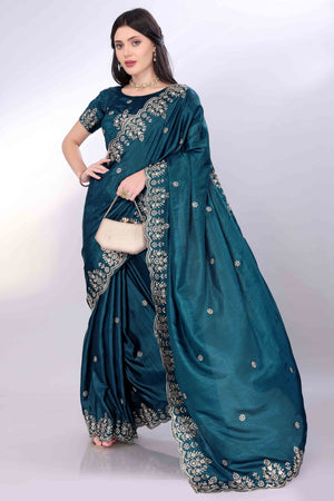 Morpich Blue Zari Embroidered Saree In Vichitra Silk With Shimmering Floral Sequins Work