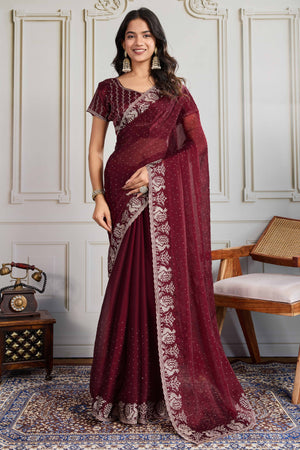 Maroon Festive Wear Silk Blend Saree with Embroidery & Stones