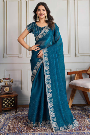 Teal Festive Wear Silk Blend Saree with Embroidery & Stones