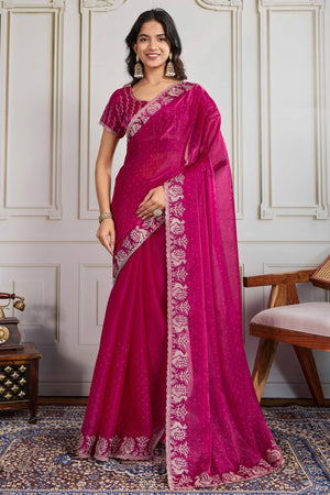 Pink Festive Wear Silk Blend Saree with Embroidery & Stones