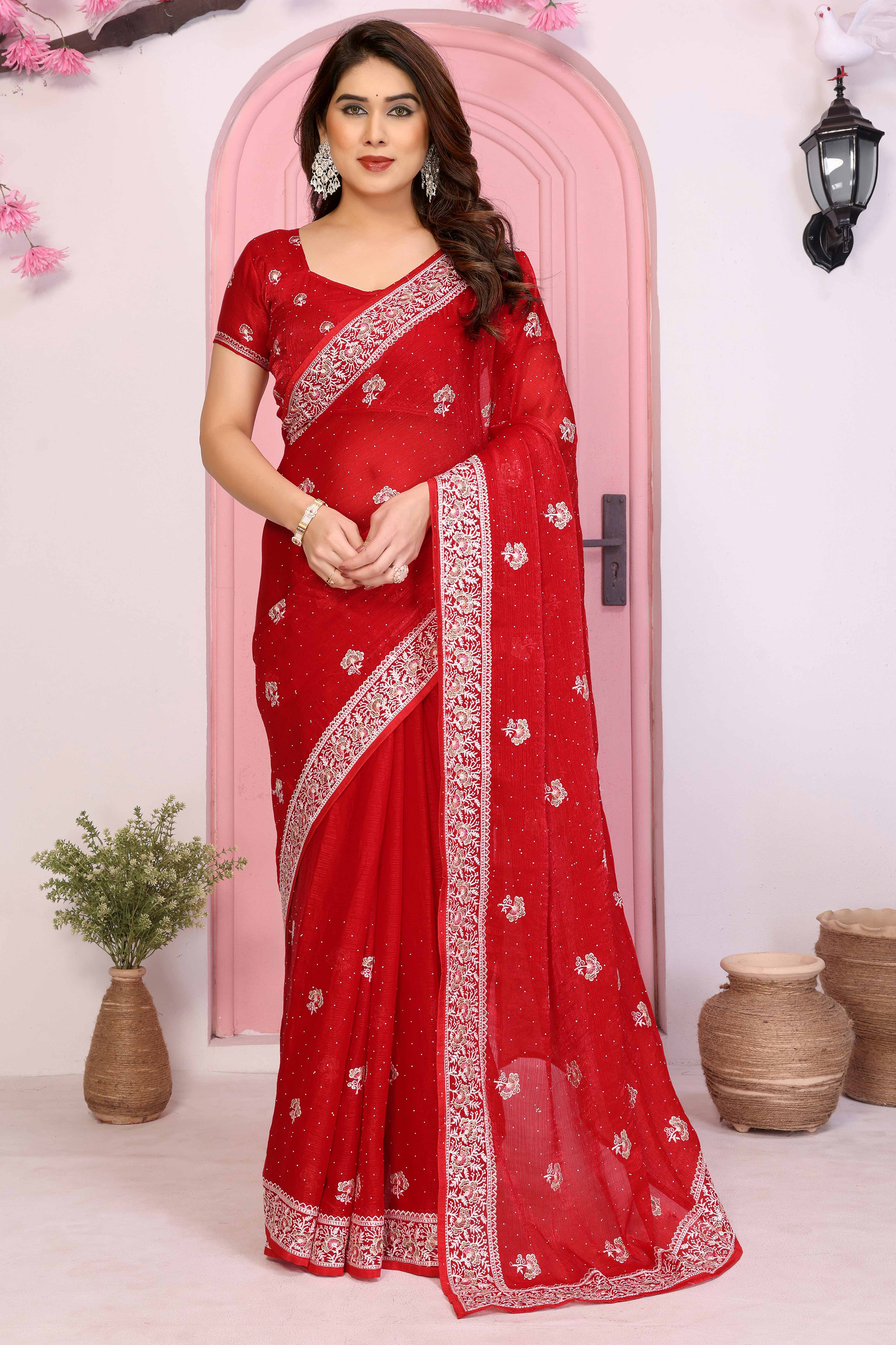 Red Chiffon Saree with Intricate Embroidery and Floral Patterns