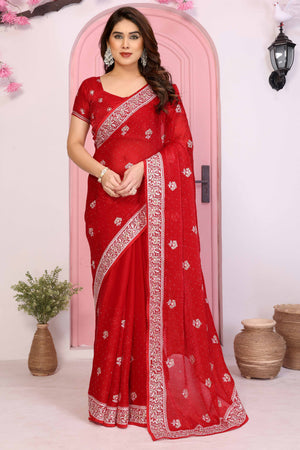 Red Chiffon Saree with Intricate Embroidery and Floral Patterns