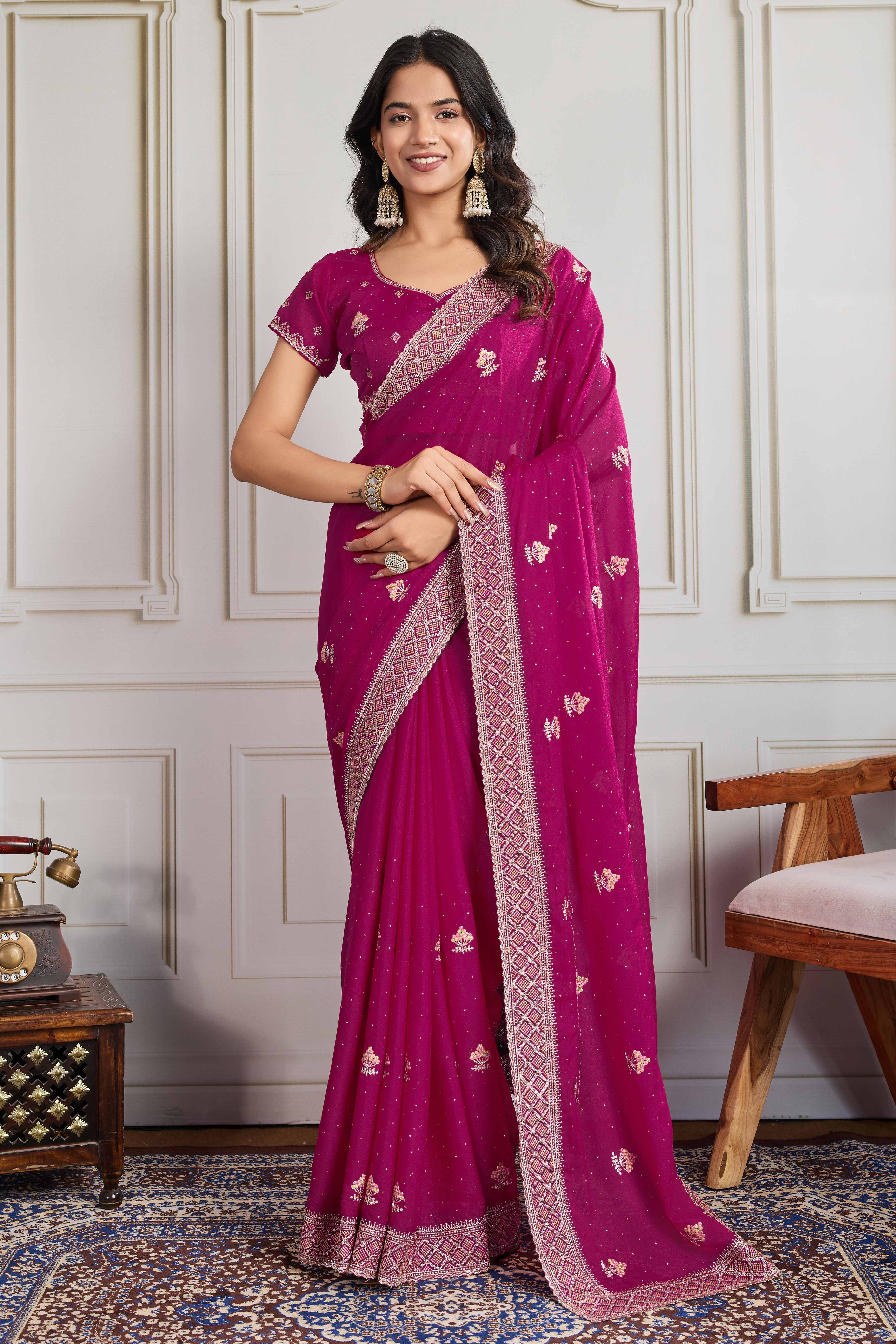 Pink Georgette Saree Featuring Embroidered and Stone Work
