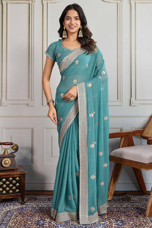 Teal Georgette Saree Featuring Embroidered and Stone Work
