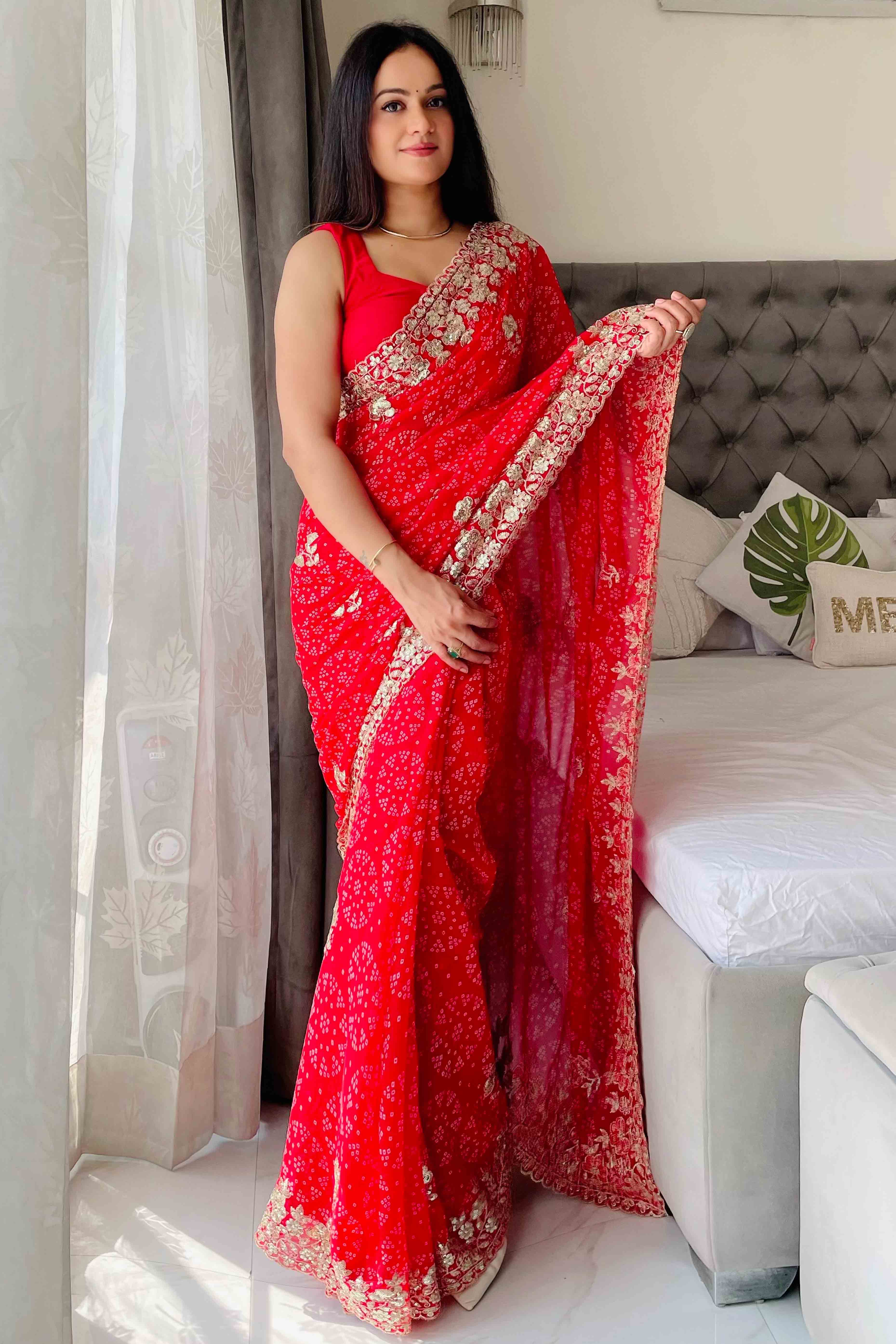 Red Bandhani Printed Georgette Saree With Dazzling Floral Sequin Embroidery