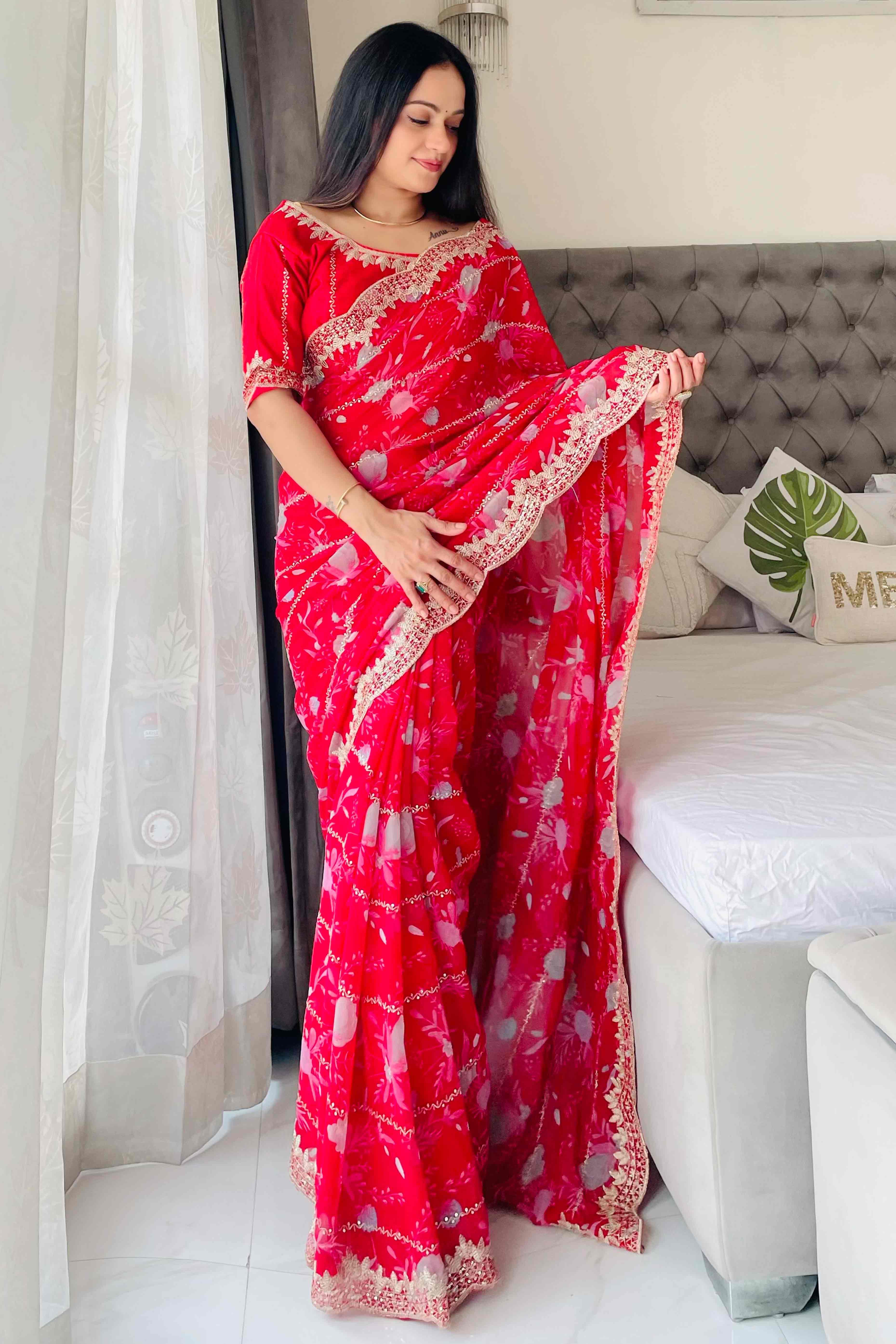 Rani Pink Floral Zari Embroidered Georgette Saree With Sparkling Sequin Embellishments