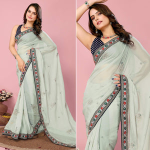 Sea Green Floral Sequins Embroidered Organza Saree