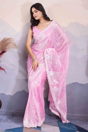 Pink Sequins Embroidered Twill Net Saree