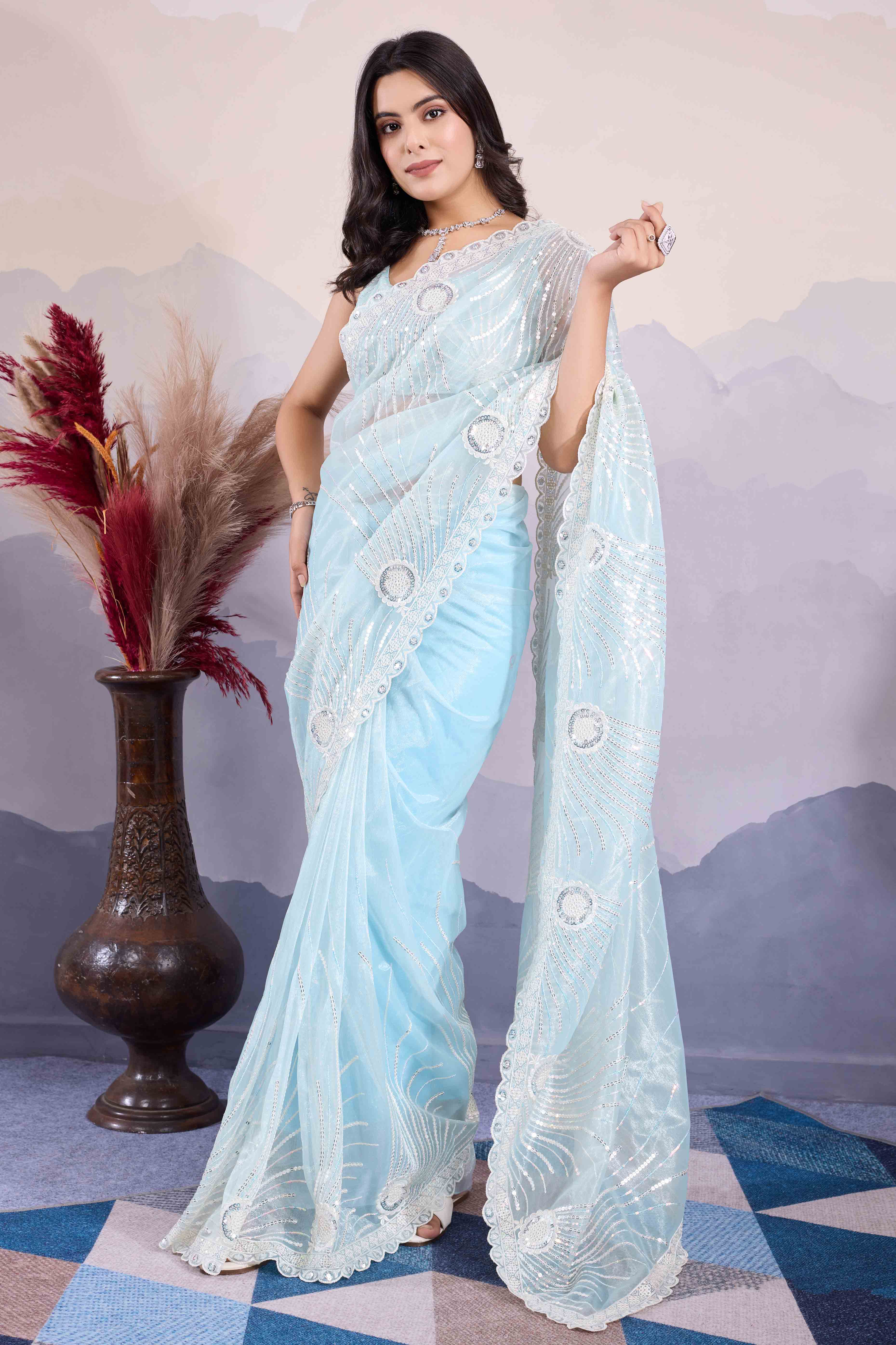 Blue Sequins Embroidered Twill Net Saree