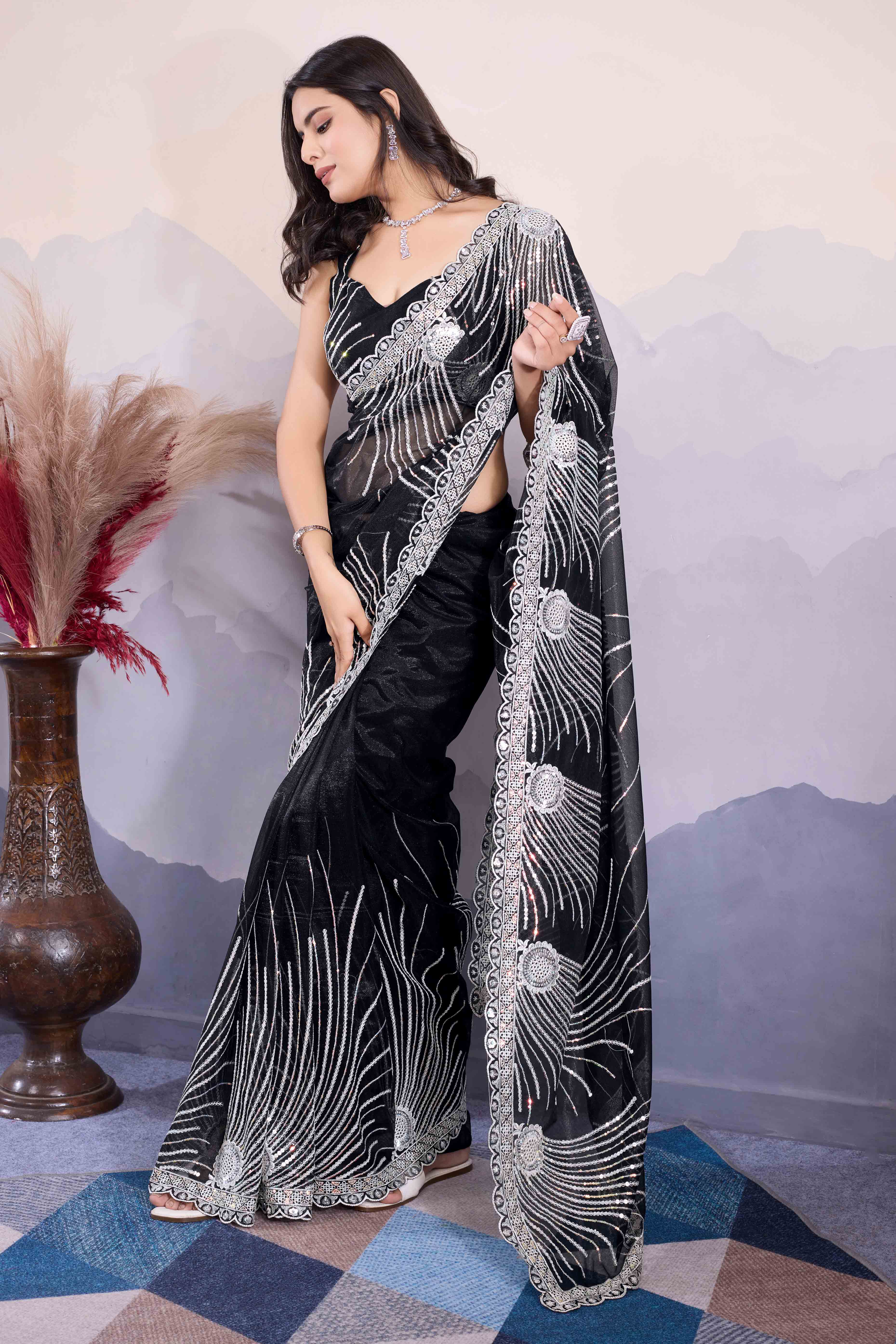 Black Sequins Embroidered Twill Net Saree