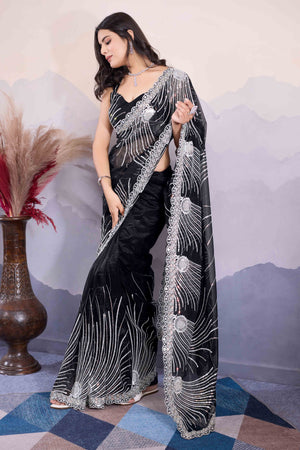 Black Sequins Embroidered Twill Net Saree