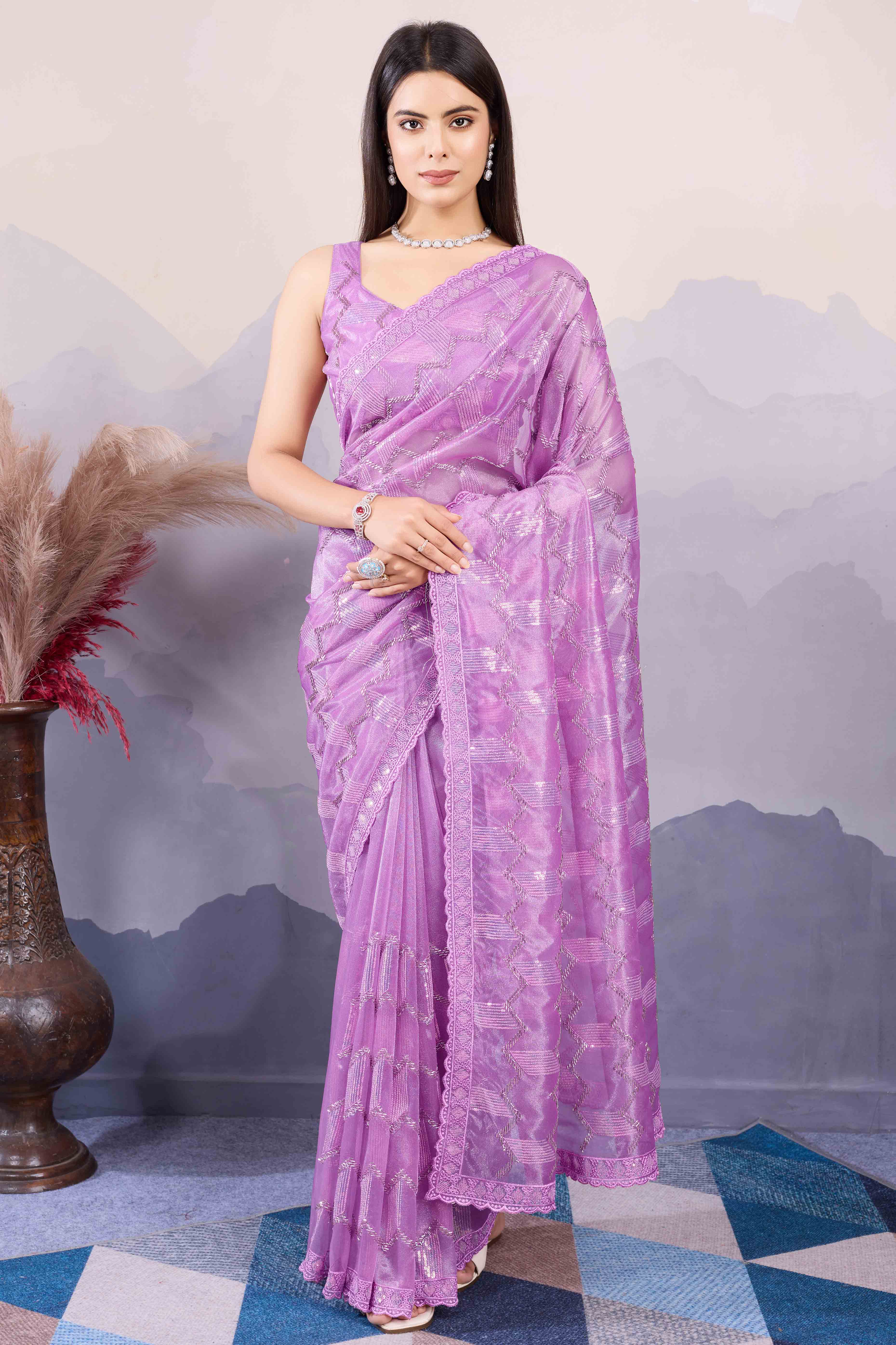 Purple Sequins Embroidered Twill Net Saree