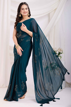 Morpich Blue Floral Swarovski Work Rangoli Art Silk Ready To Wear Saree