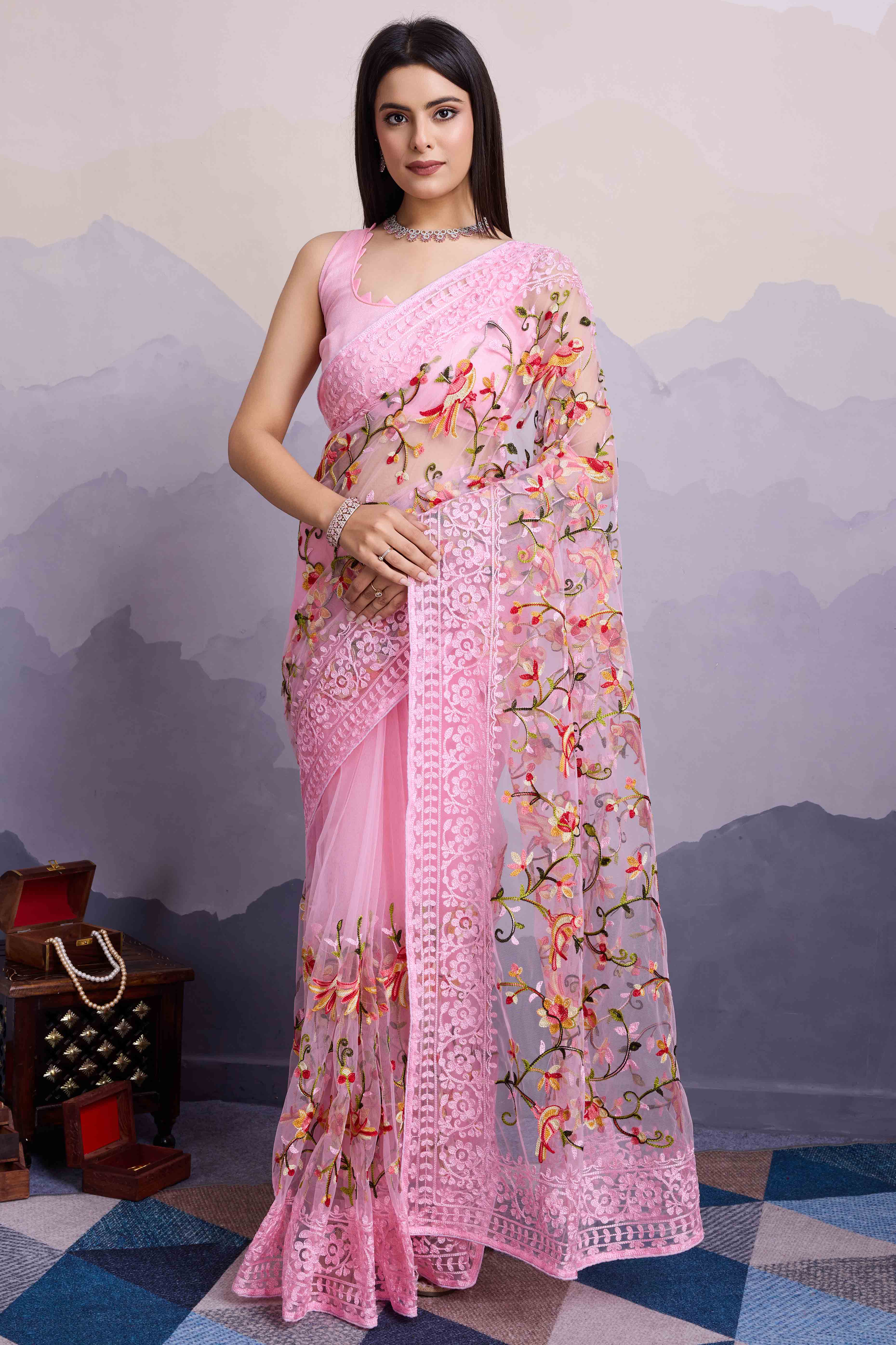 Pink Floral Embroidered Net Saree