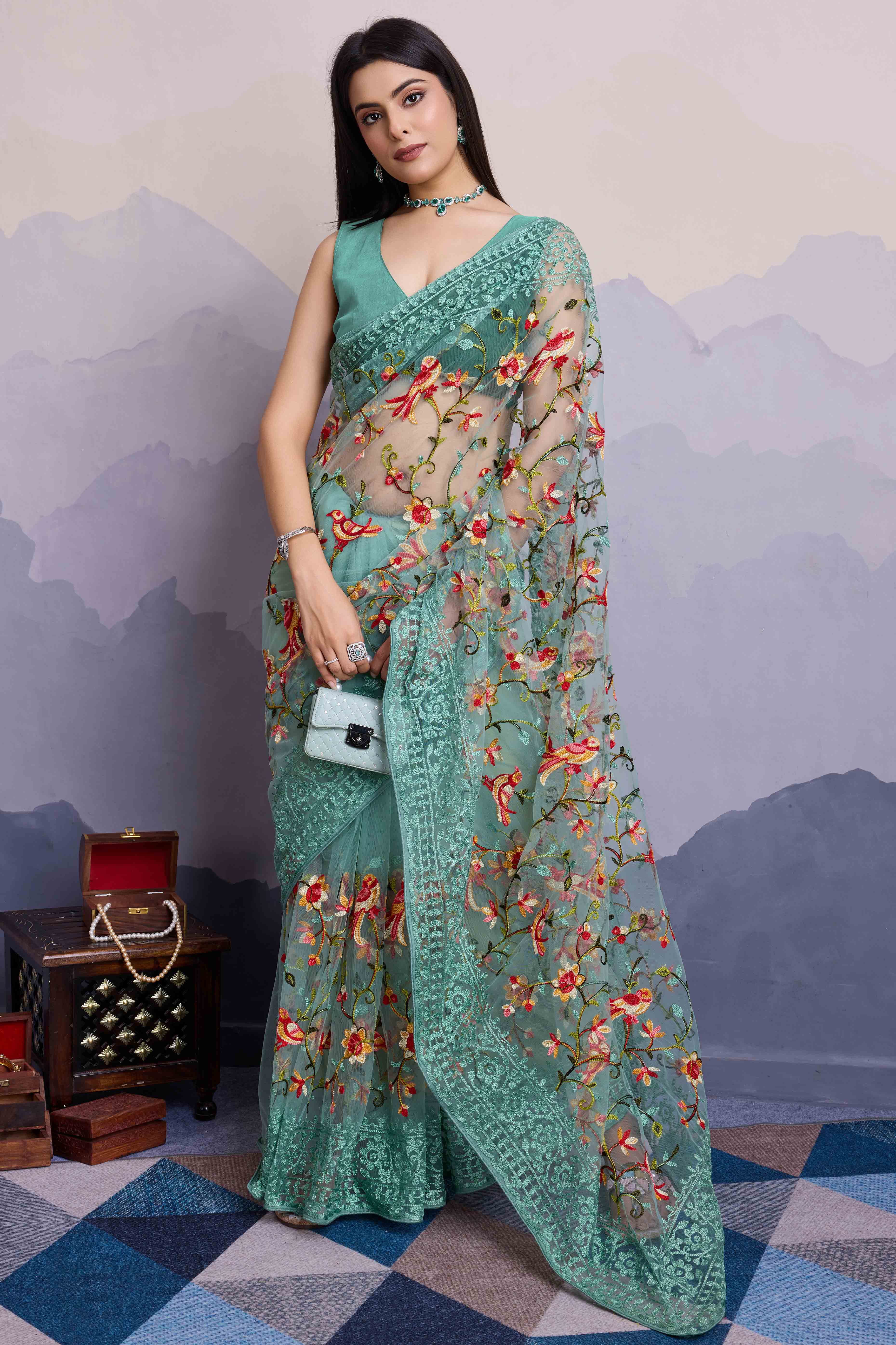 Sea Green Floral Embroidered Net Saree