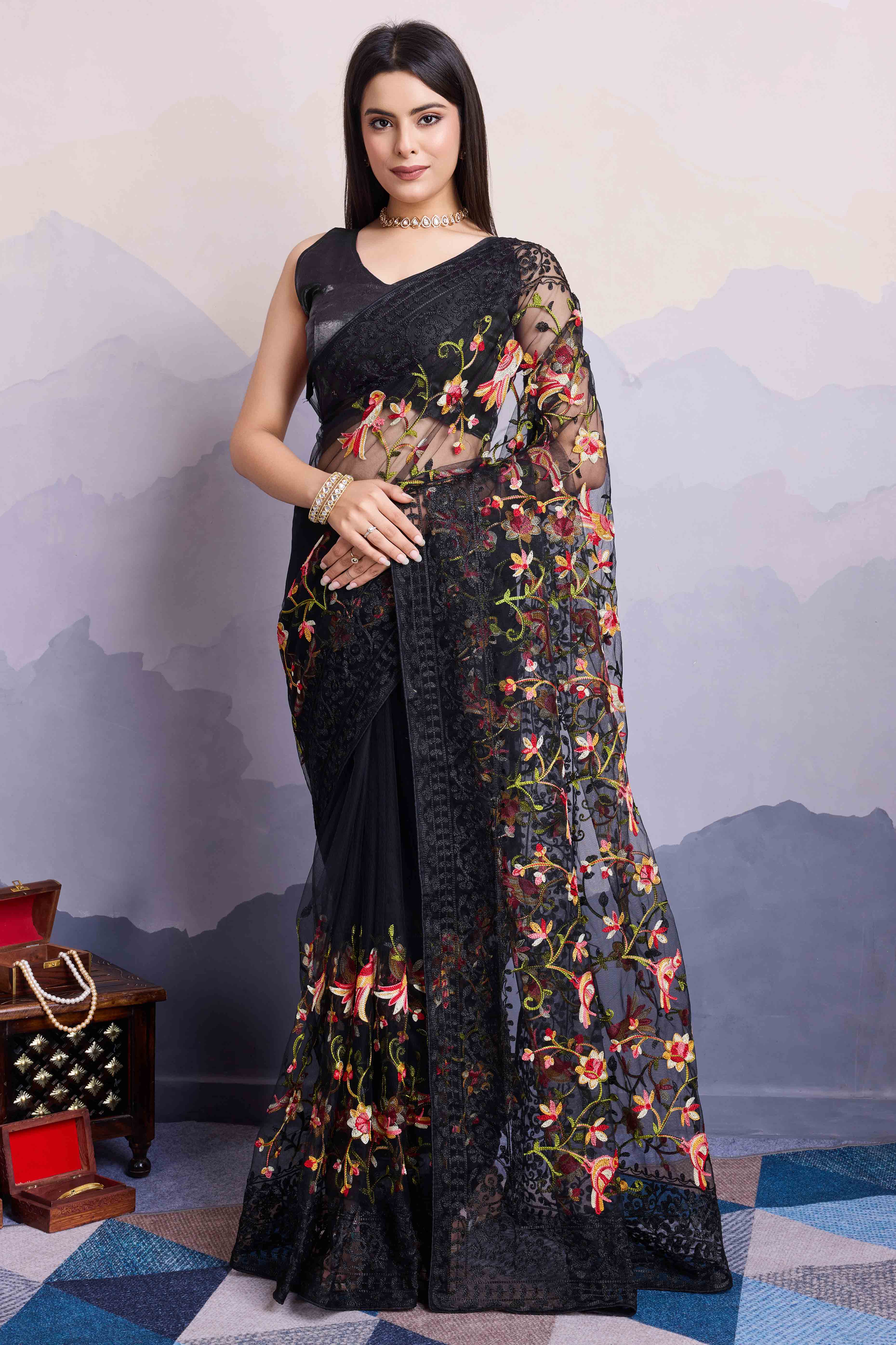 Black Floral Embroidered Net Saree
